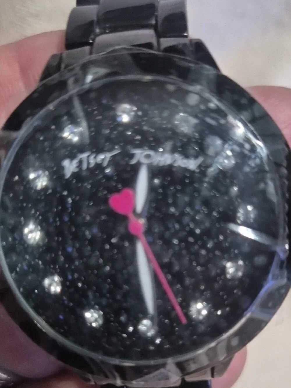Betsey Johnson Black Crystal Dial Watch with Pink Accents
